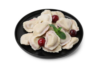 Wall Mural - Traditional Ukrainian dumplings (varenyky) with cherries isolated on white