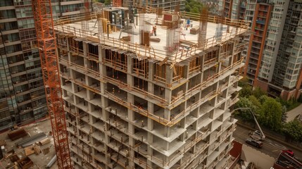 Poster - A new residential tower under construction, with floors being added and workers busy at different levels.