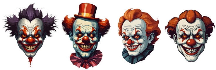 Wall Mural - Set of cartoon horror clown character faces. vector illustration of evil clowns smile scary circus monsters. Generative AI.