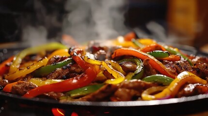 Poster - Close-up of sizzling fajitas with colorful bell peppers and steam rising