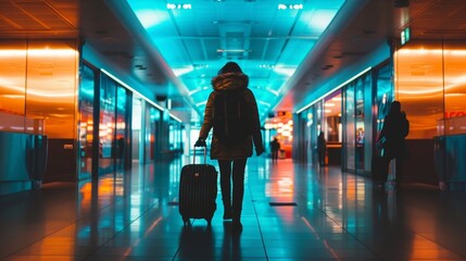 Sticker - A person walking through an airport terminal, suitcase rolling behind them as they head to their gate.