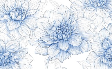 Wall Mural - Blue and White Line Art Floral Seamless Pattern.