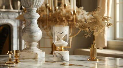 Sticker - A sand clock with a marble base and gold accents, exuding luxury and sophistication while marking the passage of moments.