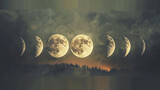 Phases of the moon over a cloudy twilight sky.