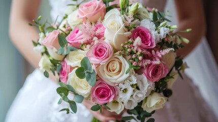 Wall Mural - The bride in a white wedding dress holds a wedding bouquet. The bouquet consists of white, pink, purple roses, eucalyptus leaves, and pink berries