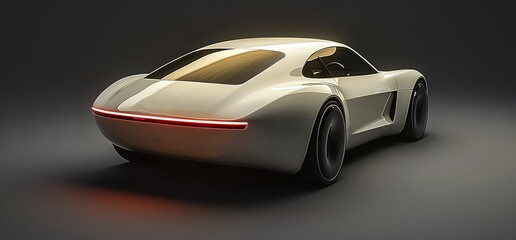 White sports car with sleek design and futuristic features, photographed from the rear. The car is isolated on a grey background, showcasing its elegant lines.