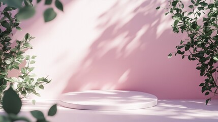 Poster - Minimalist studio setup with a round platform surrounded by greenery against a soft pink wall during daylight
