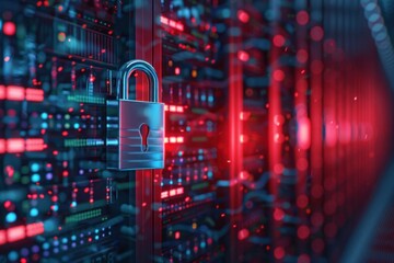 A close up of a metallic padlock on server racks illuminated by red and blue lights, symbolizing data security and protection in a digital environment