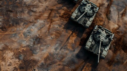 Aerial view of military tanks positioned on a rugged terrain, showcasing their powerful presence and strategic layout.