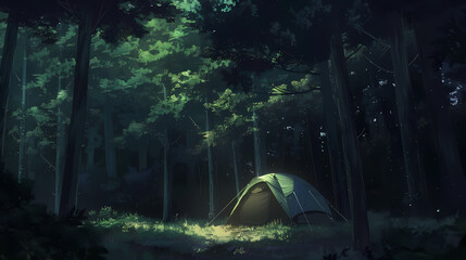 horror camping, a tent in nature, anime manga style