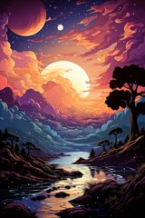 Wall Mural - ethereal cosmic landscapes in vibrant colors with stars and celestial bodies.