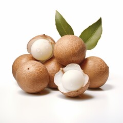 A group of longan fruits, some with the shell removed, with two leaves in the background, isolated on a white background.