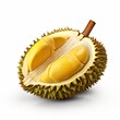 © hamzahalderad - A half-opened durian fruit with yellow flesh and sharp green thorns isolated on a white background.