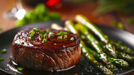 Elegant shot of a gourmet steak dish featuring a perf
