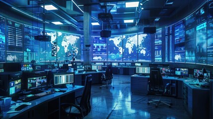 Operations Control Room - A room filled with monitors and computer equipment. Authorities are monitoring and controlling cyber operations to prevent enemy attacks.