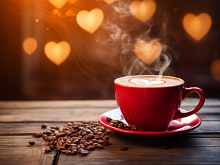 Eyecatching Stripy black and white cup with red heart on wooden background