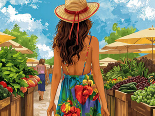 Wall Mural - A woman wearing a straw hat walks through a market with a basket of fruit. The scene is bright and cheerful, with a sense of leisure and relaxation