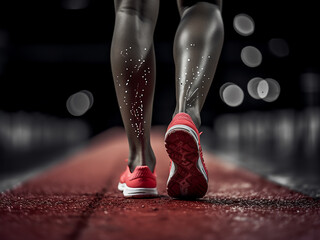 Wall Mural - Monochrome close-up of a woman�s legs with a red spot, indicating sports injury