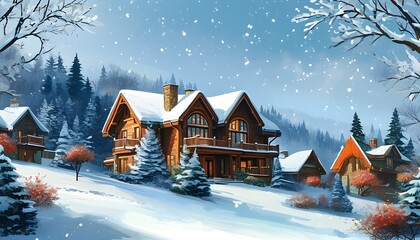 the two wooden houses in the snowy scenery, surrounded by pine trees and falling snowflakes, look pe