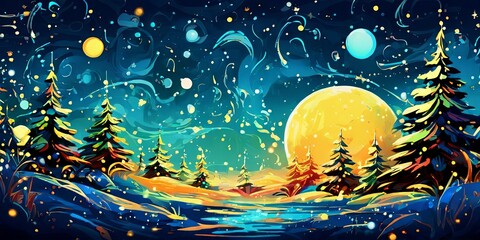 Poster - A painting of a snowy landscape with a large yellow moon in the sky