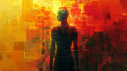Poster - a futuristic geometric depiction of a human figure constructed from intersecting lines