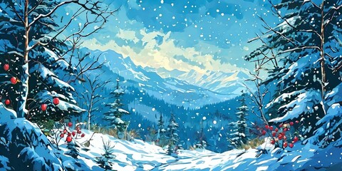Poster - A snowy landscape with a mountain range in the background