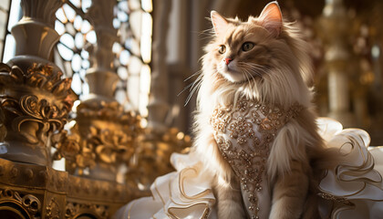 Poster - Cute kitten sitting indoors, looking at camera with elegance generated by AI