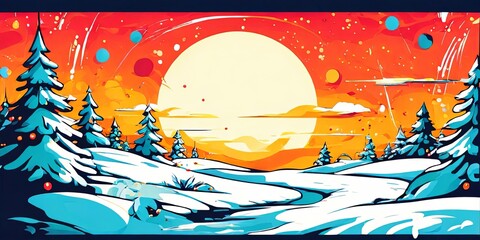 Poster - A painting of a snowy landscape with a large orange sun in the background