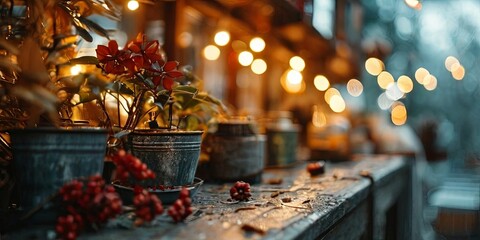 Aufkleber - A table with potted plants and a vase of red flowers