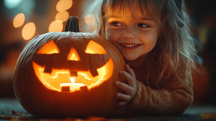 Wall Mural - Little girl with halloween pumpkin on a background of lights.