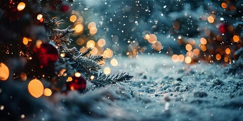 Poster - A Christmas tree with red ornaments and snow on the ground
