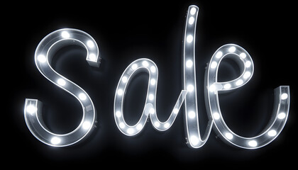 Wall Mural - close up view of sale light sign on black backdrop isolated with white highlights, png