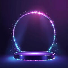Poster - A futuristic circle teleport podium. Holograms and portals on a science futuristic stage. 3D wave GUI and UI in virtual reality.