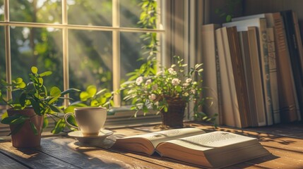 Sticker - A serene morning scene with a cup of coffee, an open book, and sunlight streaming through the window.