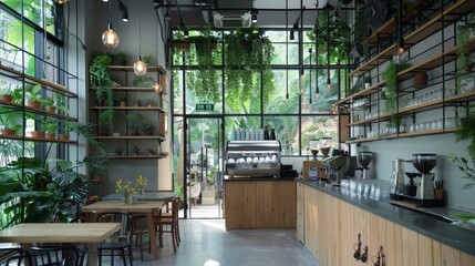 Wall Mural - A serene coffee shop with plants and greenery, creating a refreshing environment for customers.