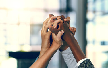 Fototapete - Trust, business people and hands up in office for diversity, inclusion and acceptance for equal opportunity. Care, employees and celebration with solidarity for group, awareness and support for team
