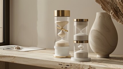 Poster - A sleek, cylindrical sand clock with a contemporary design, featuring smooth glass and refined metal accents.