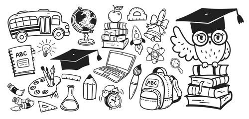 Wall Mural - vector line art cute illustration set of back to school education symbols and objects