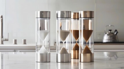 Poster - A sleek, cylindrical sand clock with a contemporary design, featuring smooth glass and refined metal accents.