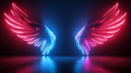 Poster - A uv geometric background with vibrant neon angel wings on a pink and blue light background represents a cyberspace futuristic concept
