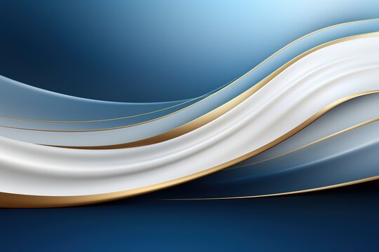 Abstract background with white and blue waves and gold lines.
