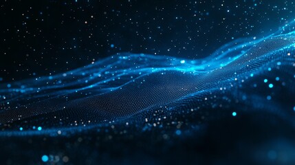 Poster - big data visualization with a dynamic wave of particles. 3d renderings. abstract blue background.