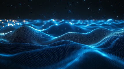Poster - 3d rendering of a wave of particles on an abstract blue background. visualization of big data.