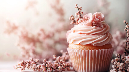 Wall Mural - Detail of cupcake decorated with beautiful flowers, in pink tone.