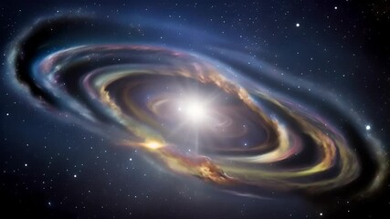 Wall Mural - Video of warped spiral galaxy with colorful cosmic clouds and bright central core, concept: dynamic and mysterious nature of universe