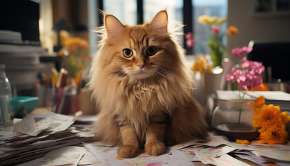 Canvas Print - Cute kitten sitting on table, looking at camera, playful generated by AI