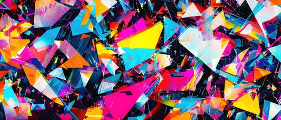 Wall Mural - Colorful fragmented abstract digital artwork featuring sharp, angular shapes in bright hues, creating a chaotic and dynamic visual effect with high energy.