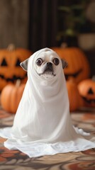 Poster - A dog is dressed in a white Halloween costume and is standing in front of a pumpkin. The scene has a spooky and festive mood