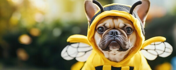 Poster - A dog is wearing a yellow bee costume and looking sad. Concept of whimsy and playfulness, as the dog is dressed up in a costume and he is enjoying the attention