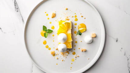 a minimalist dessert plate featuring a deconstructed lemon tart, with lemon curd, shortbread crumbs, and meringue dots arranged artistically, set on a white marble surface